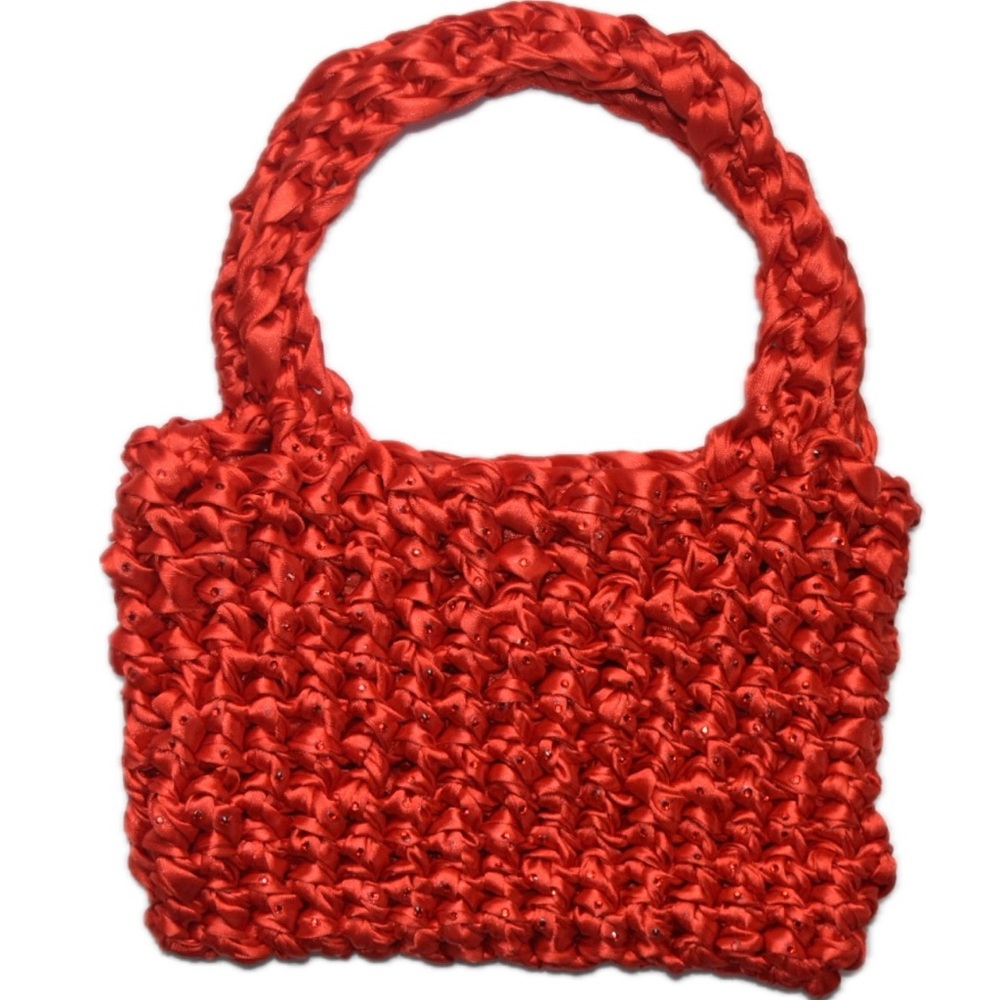 Crocheted Cherry Red Satin Ribbon Handbag